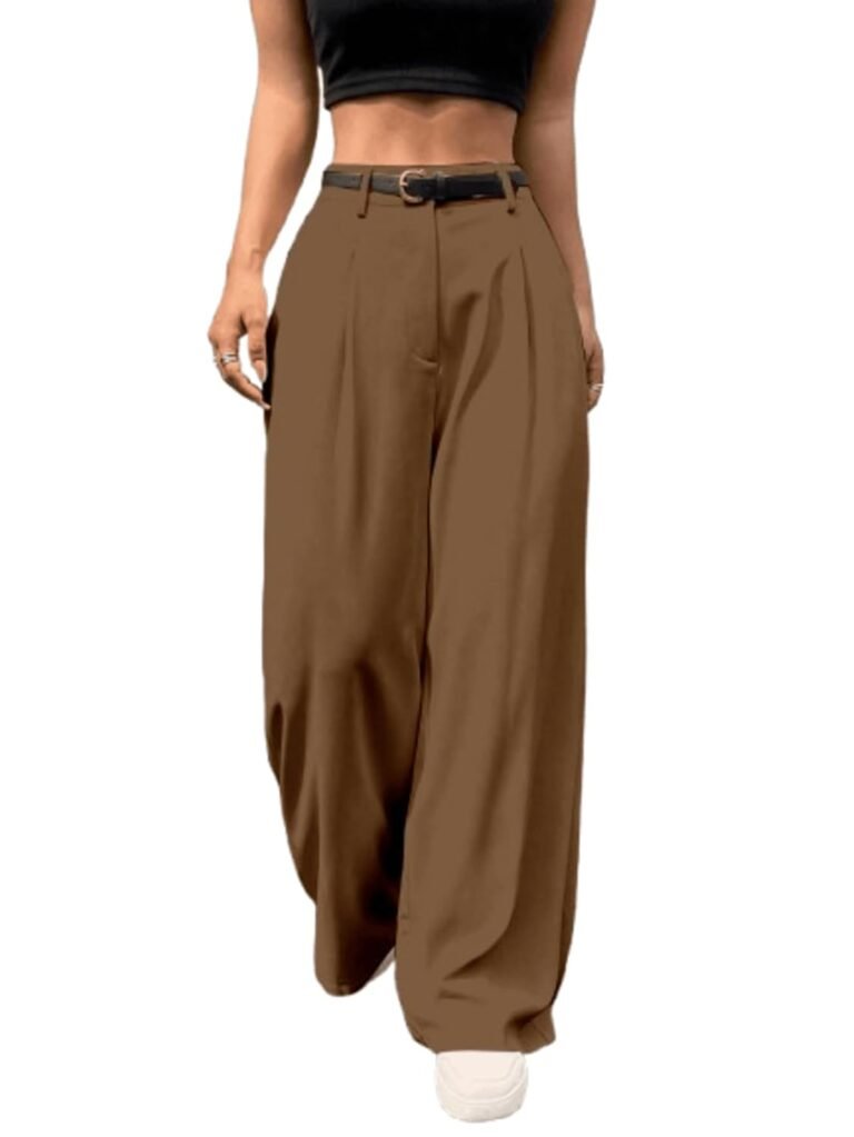 Aahwan Women's Loose High Rise Solid High Waist Korean Pleated Wide Leg Trouser